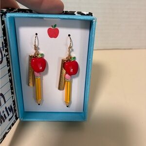 NIB Apple and Pencil Dangle Teacher Earrings in Notebook Box